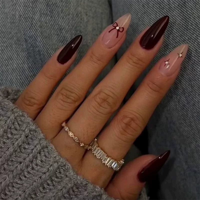 Red French Bow Rhinestone Press-On Nails