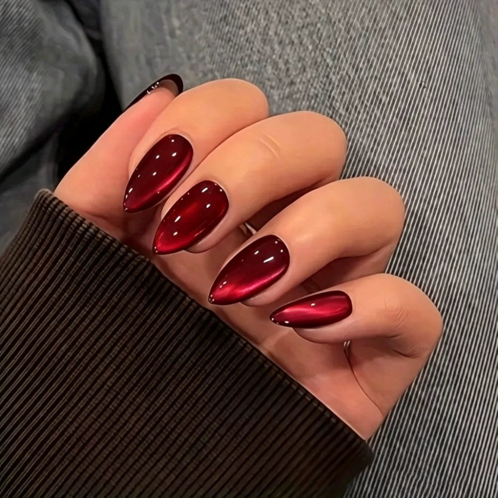 White Cat Eye Almond Press-On Nails