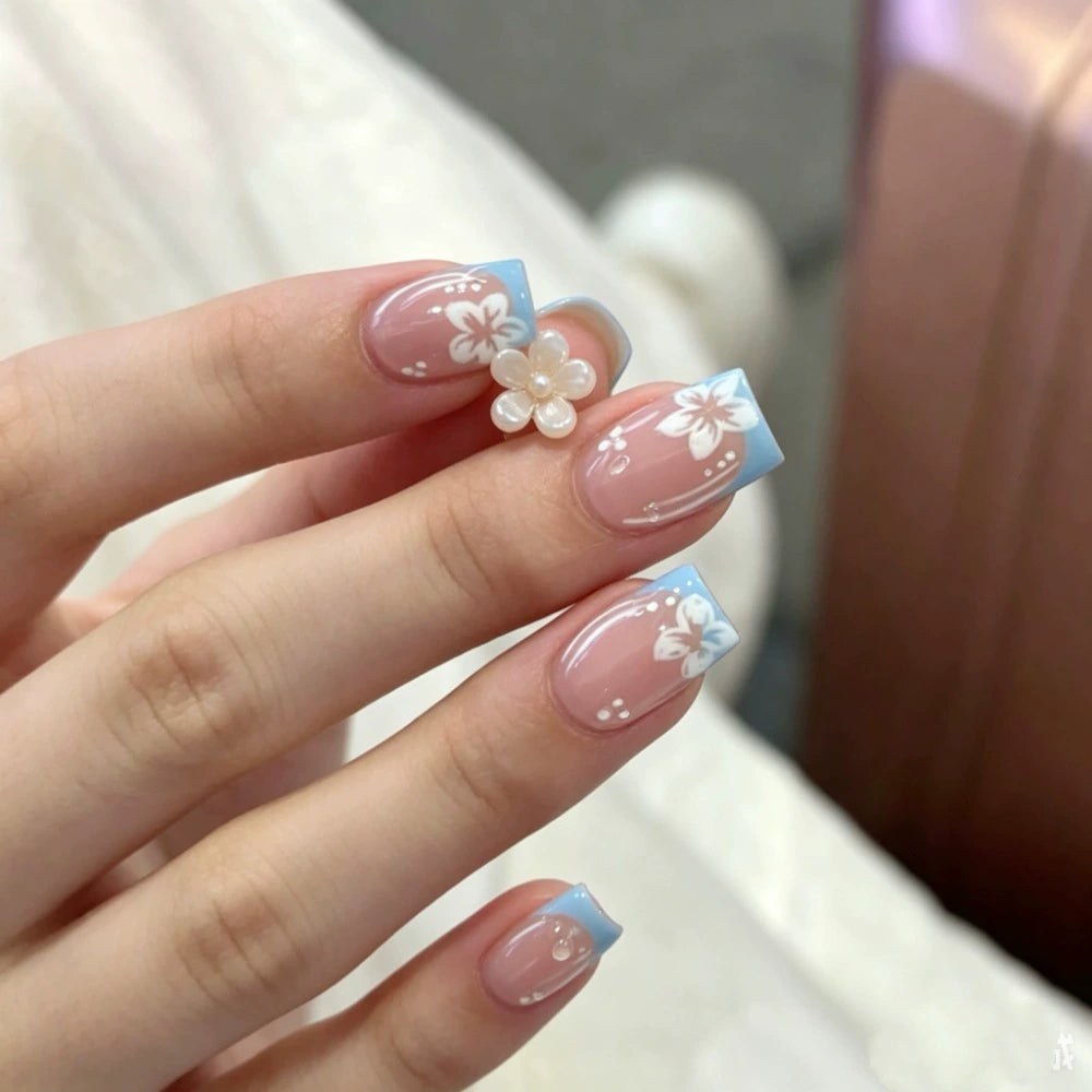 Blue French Floral Press-On Nails