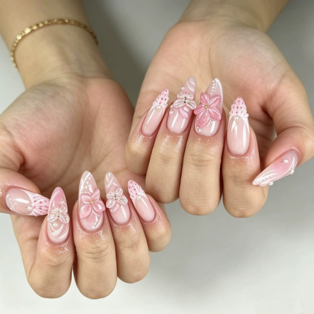 French 3D Floral Ombre Almond Press-On Nails