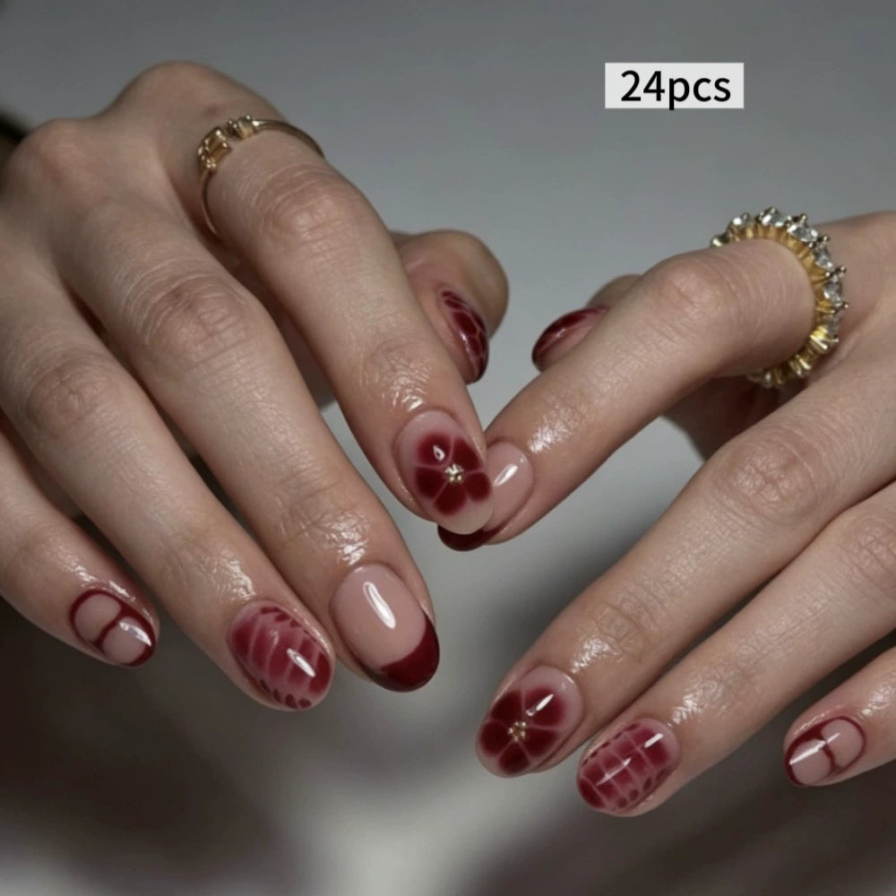 Red French Floral Short Square Press-On Nails