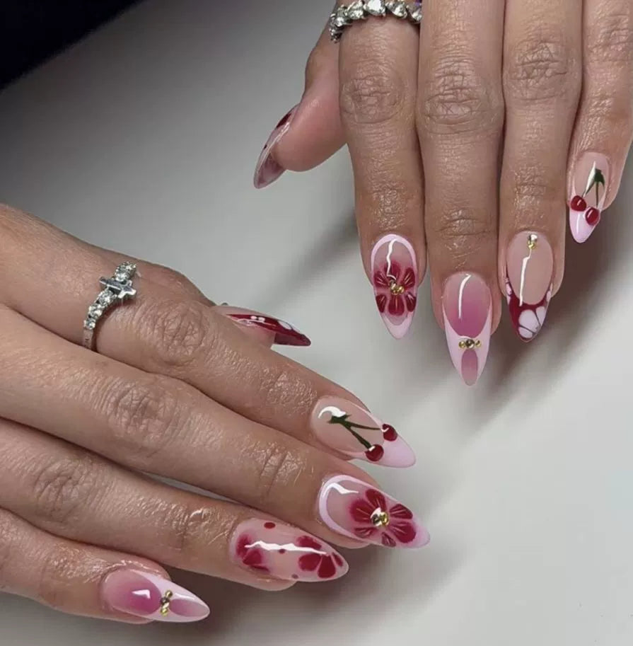 Red French Floral Ombre Almond Press-On Nails