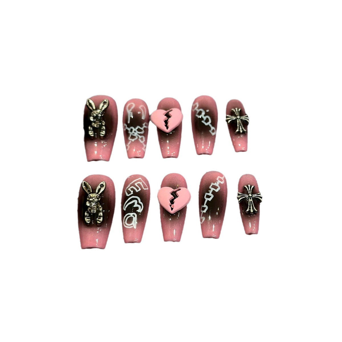 Heartbreak Bunny Medium Coffin press-on nails — additional styling view