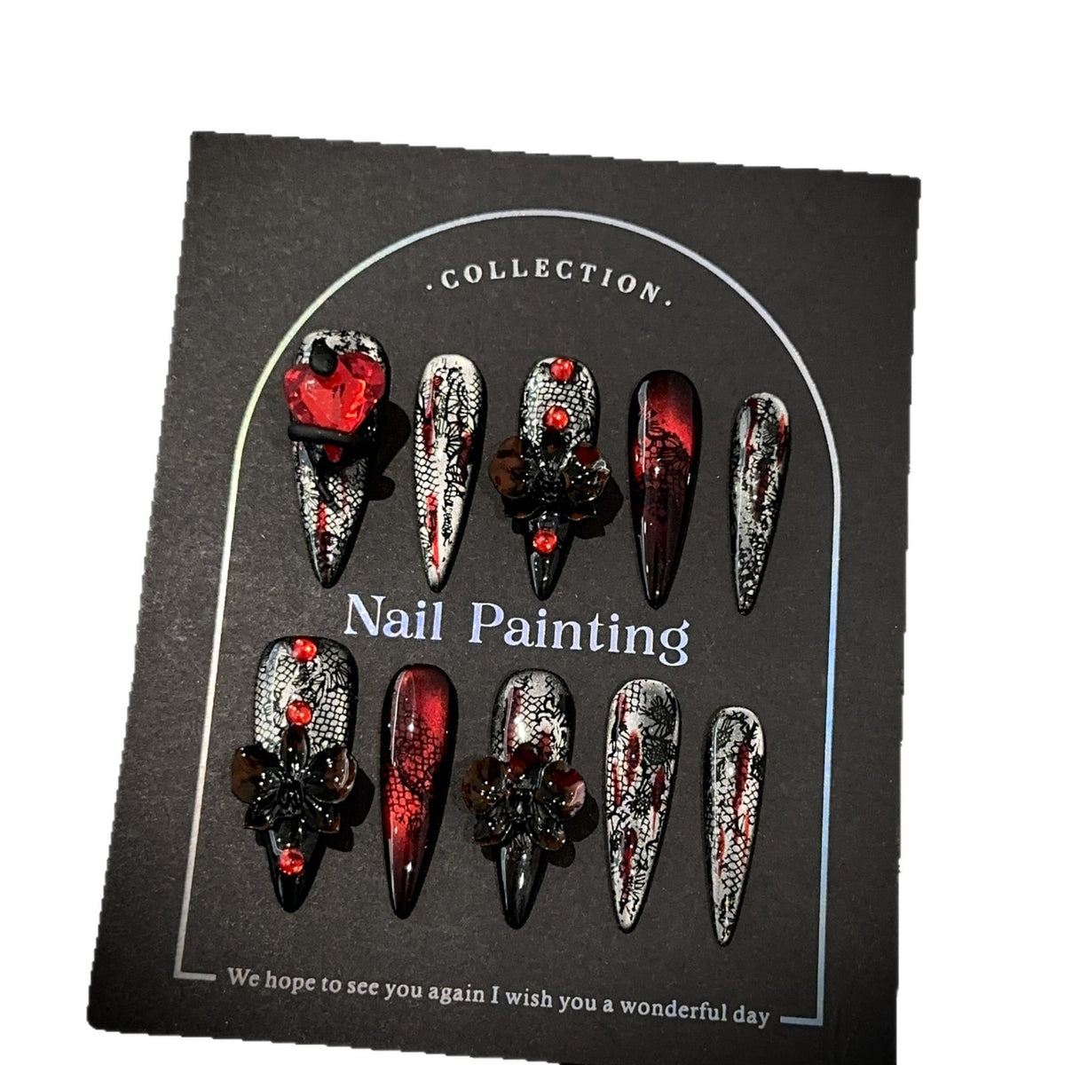 Blood Butterfly Long Stiletto Cat Eye press-on nails — additional styling view