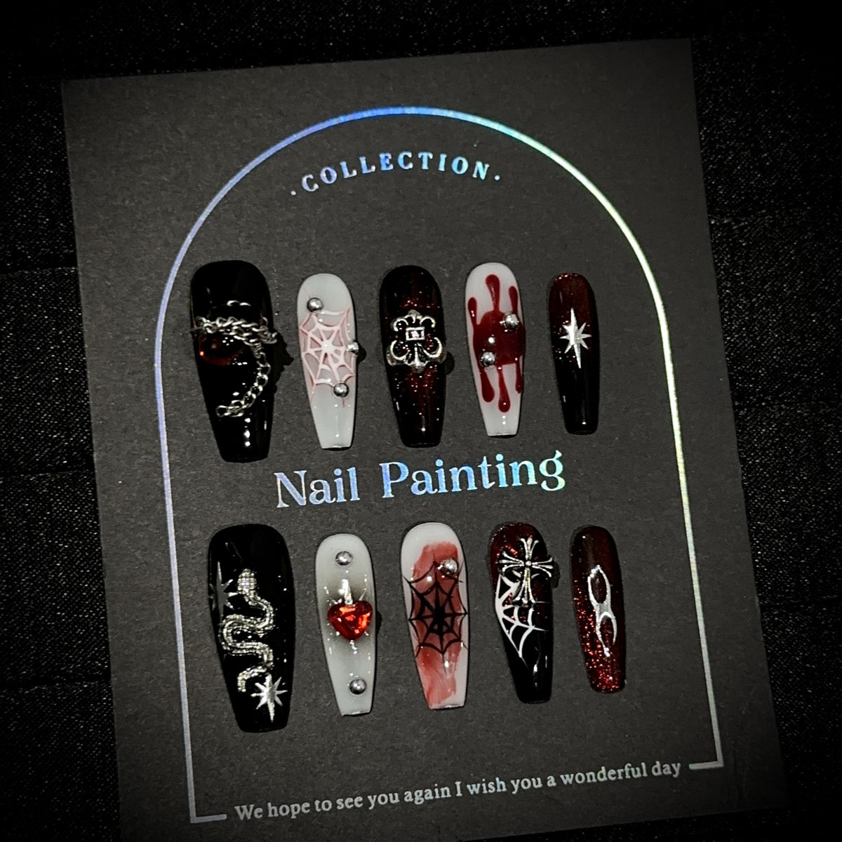 Crimson Night Web Long Coffin Halloween press-on nails — additional styling view