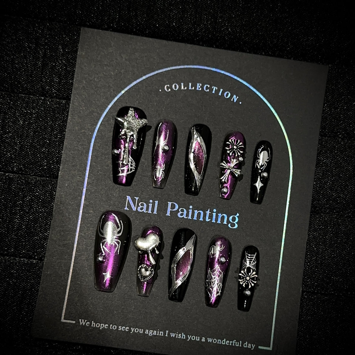 Spider Spirit Long Coffin Halloween press-on nails — worn on both hands, full look