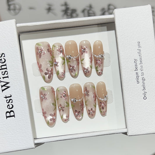 Nude Cat Eye Chrome Jelly French Floral Pearl Hand-Painted