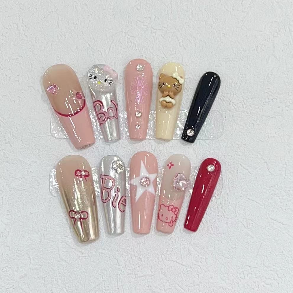 Pink Black Bow Cartoon Charm Press-On Nails