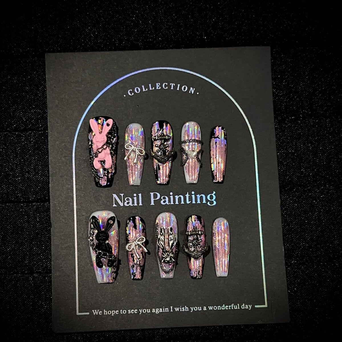 Neon Bunny Long Coffin Holographic press-on nails — full set in 12 sizes, laid out flat