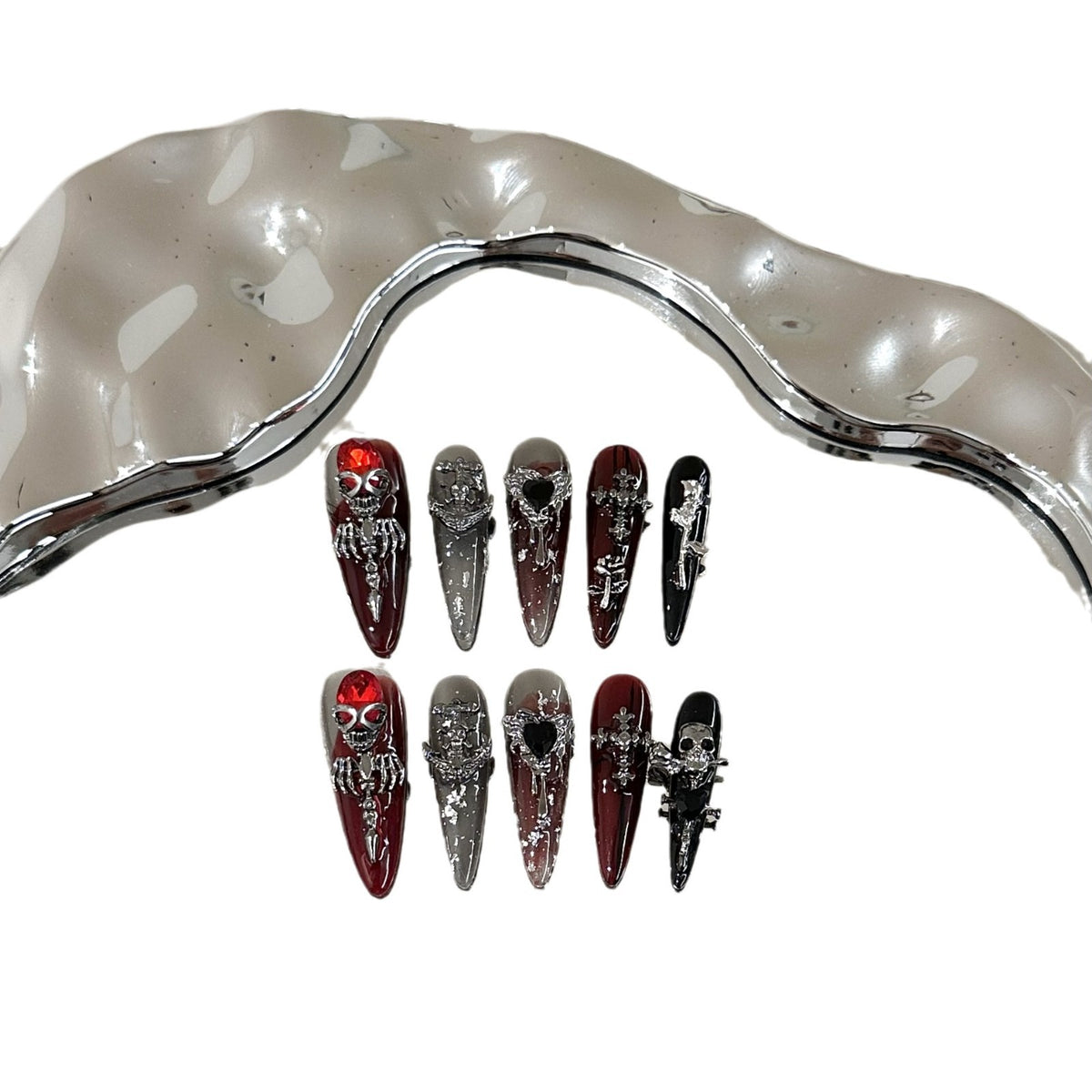 Blood Rose Long Stiletto — packaging with nail file, jelly tabs and glue