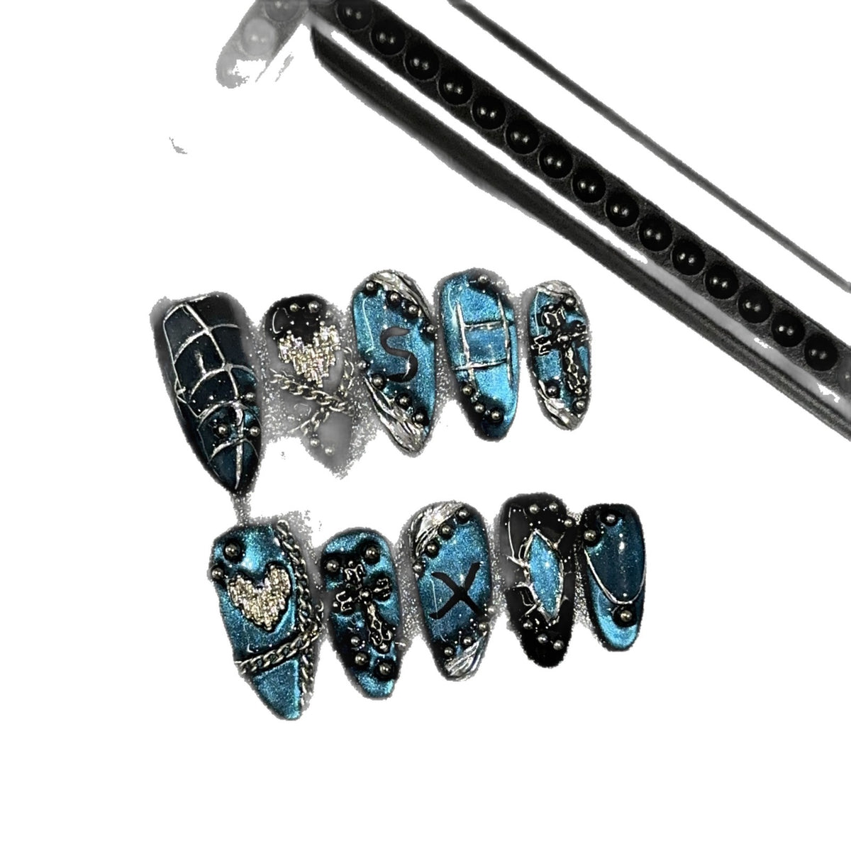Atlantis Almond Cat Eye press-on nails — additional styling view