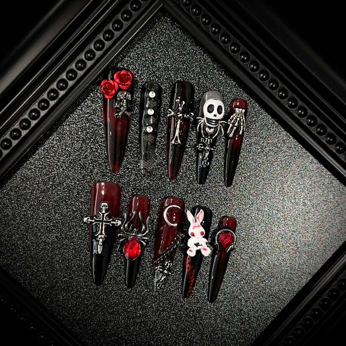 Blood Sacrifice Long Stiletto Halloween — packaging with nail file, jelly tabs and glue