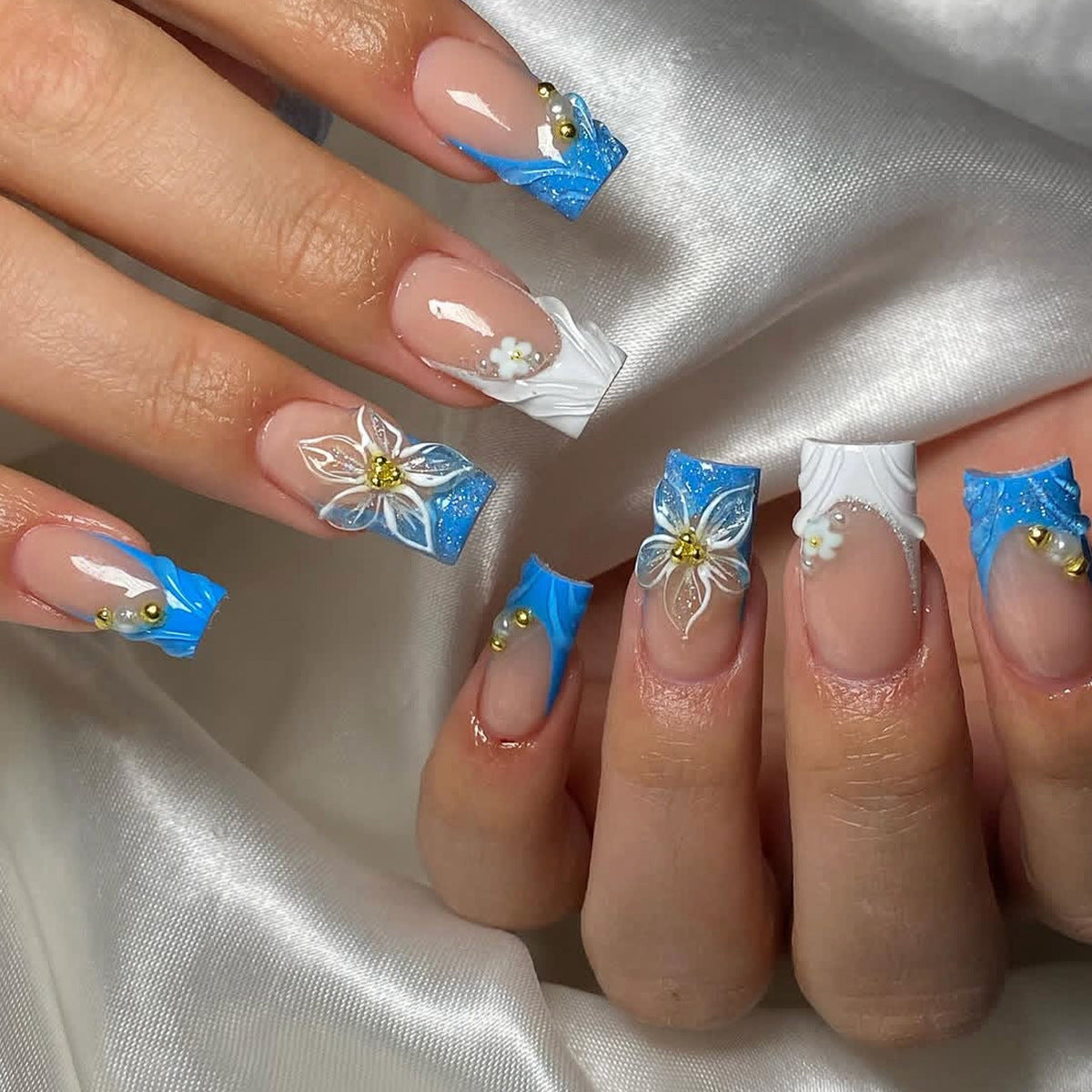 Blue French Floral Pearl 3D Wave