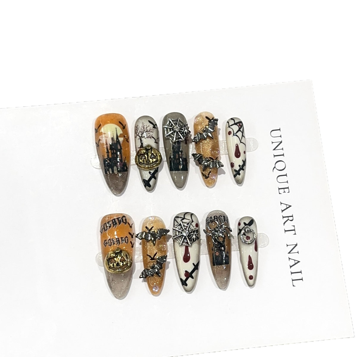 Bat Attack Long Oval Halloween press-on nails — additional styling view