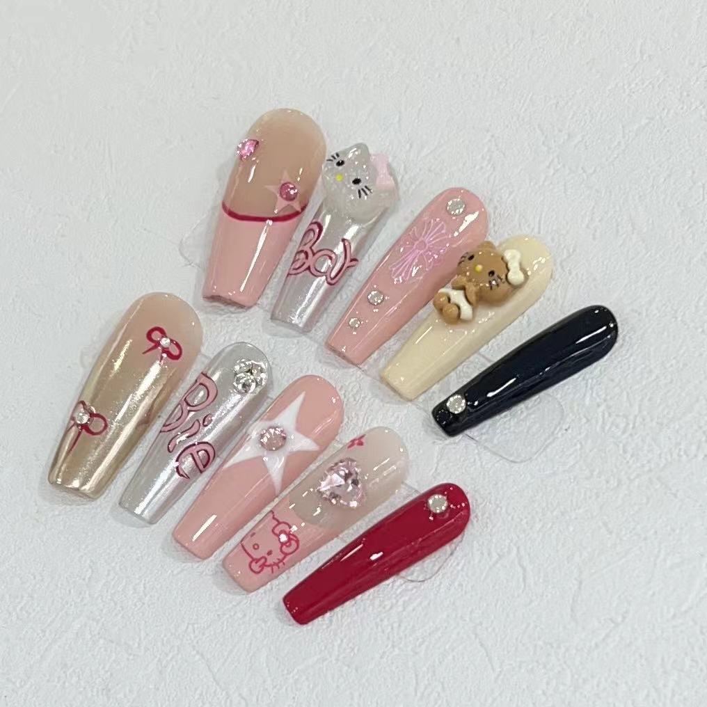 Pink Black Bow Cartoon Charm Press-On Nails