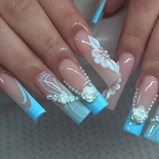 Blue Gradient French Floral Pearl 3D