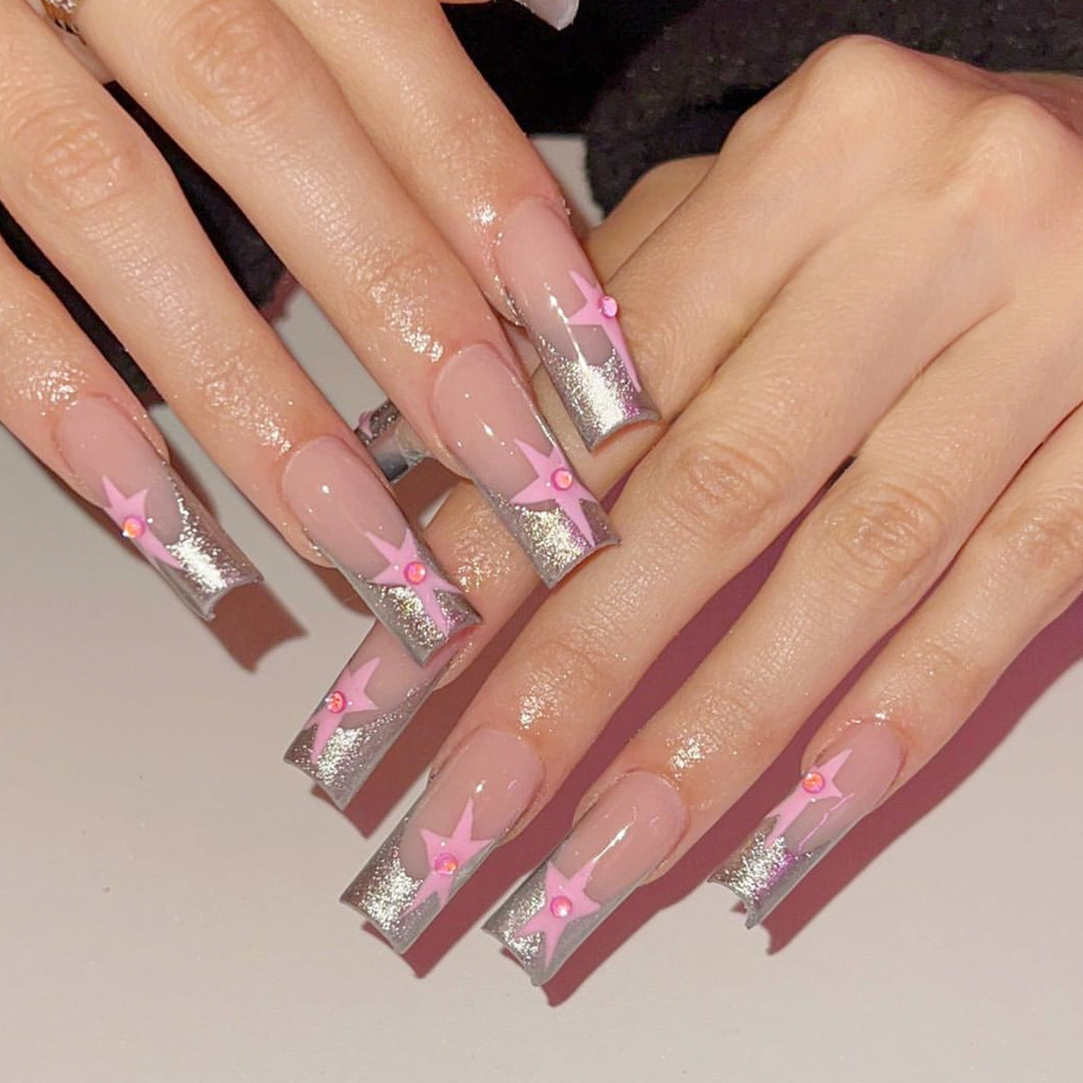 Pink Silver Glitter Stars French Press-On Nails