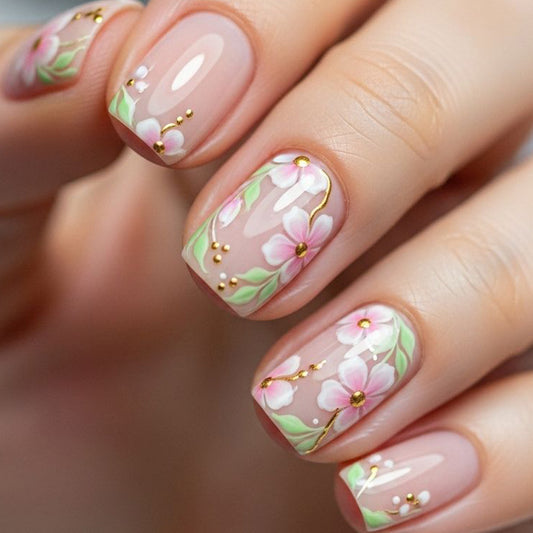 Gold Floral Embossed press-on nails in almond — worn on hand, close-up