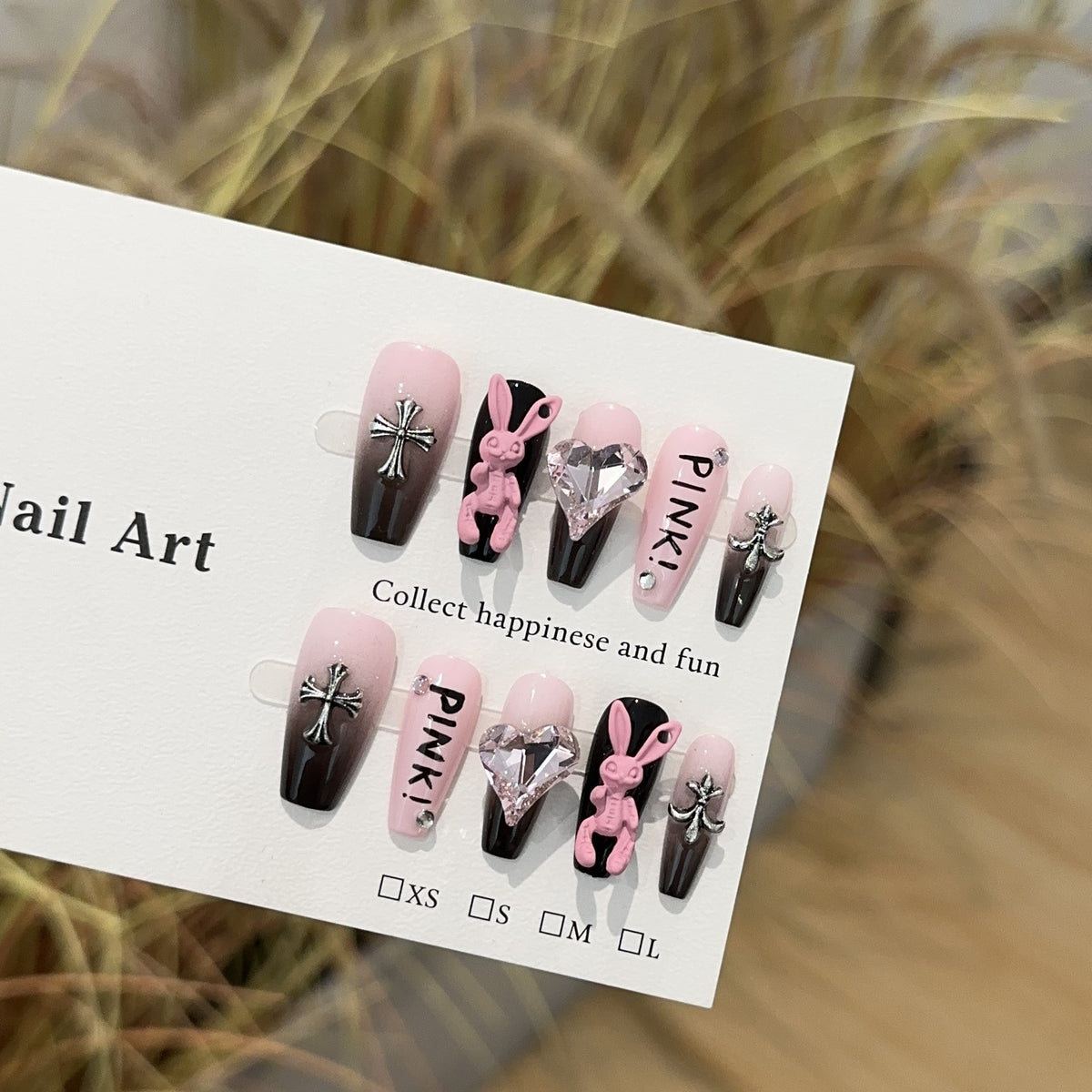 Pink Bunny Girl Medium Coffin press-on nails — full set in 12 sizes, laid out flat