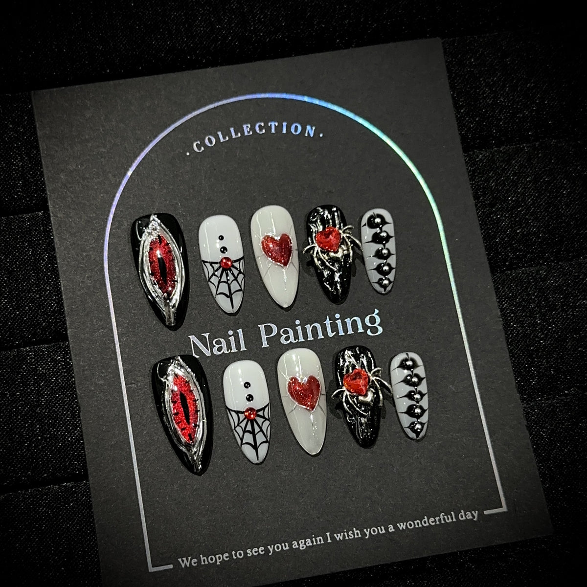 Hell's Eye Almond Halloween — packaging with nail file, jelly tabs and glue