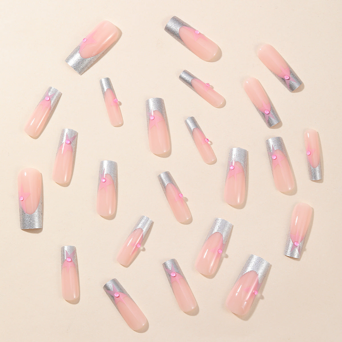 Pink Silver Glitter Stars French Press-On Nails