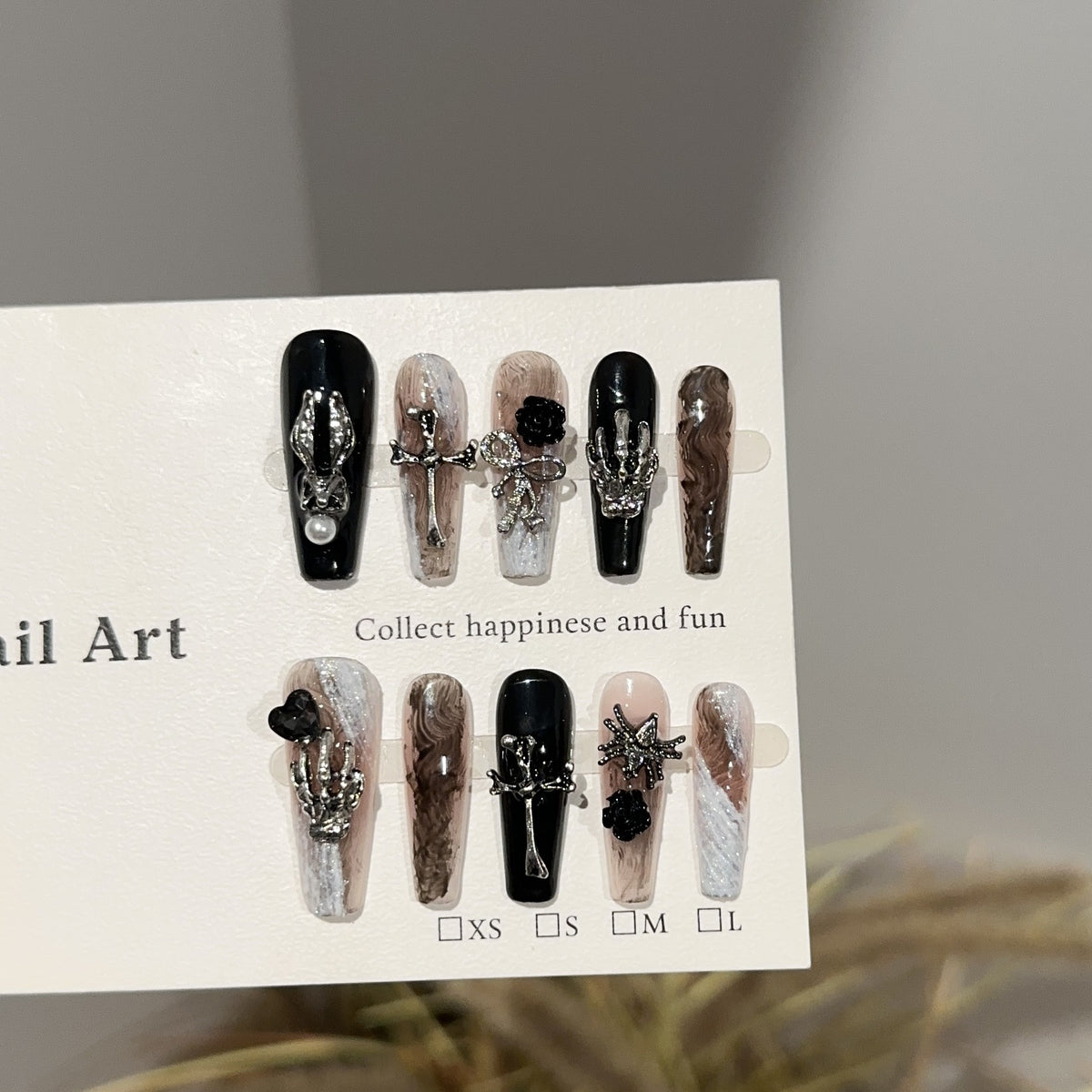 Dark Gothic Long Coffin press-on nails — full set in 12 sizes, laid out flat