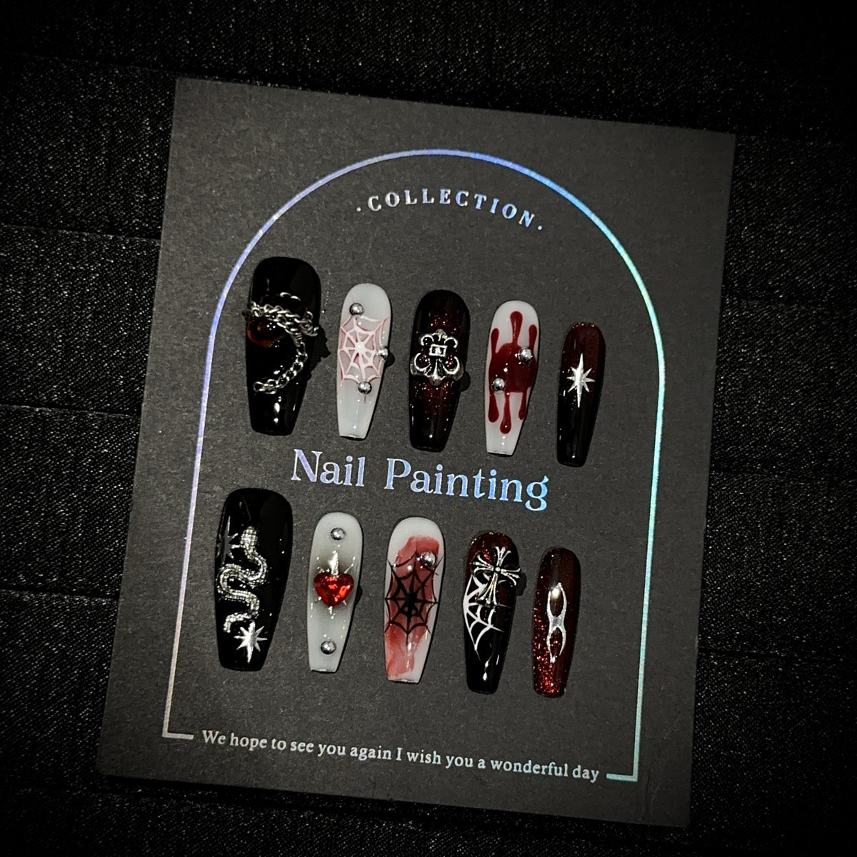 Crimson Night Web Long Coffin Halloween press-on nails — worn on both hands, full look
