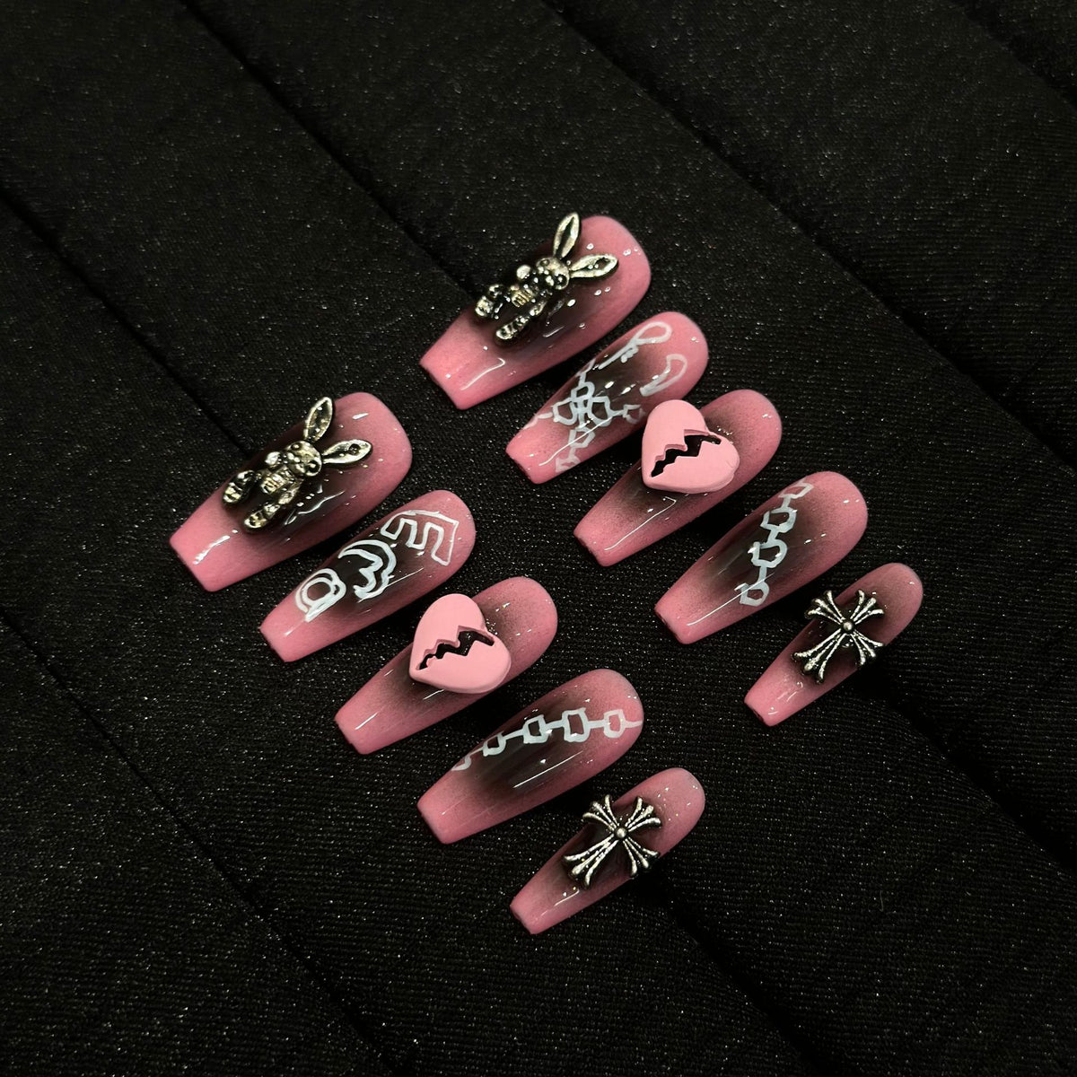 Heartbreak Bunny Medium Coffin press-on nails — worn on both hands, full look