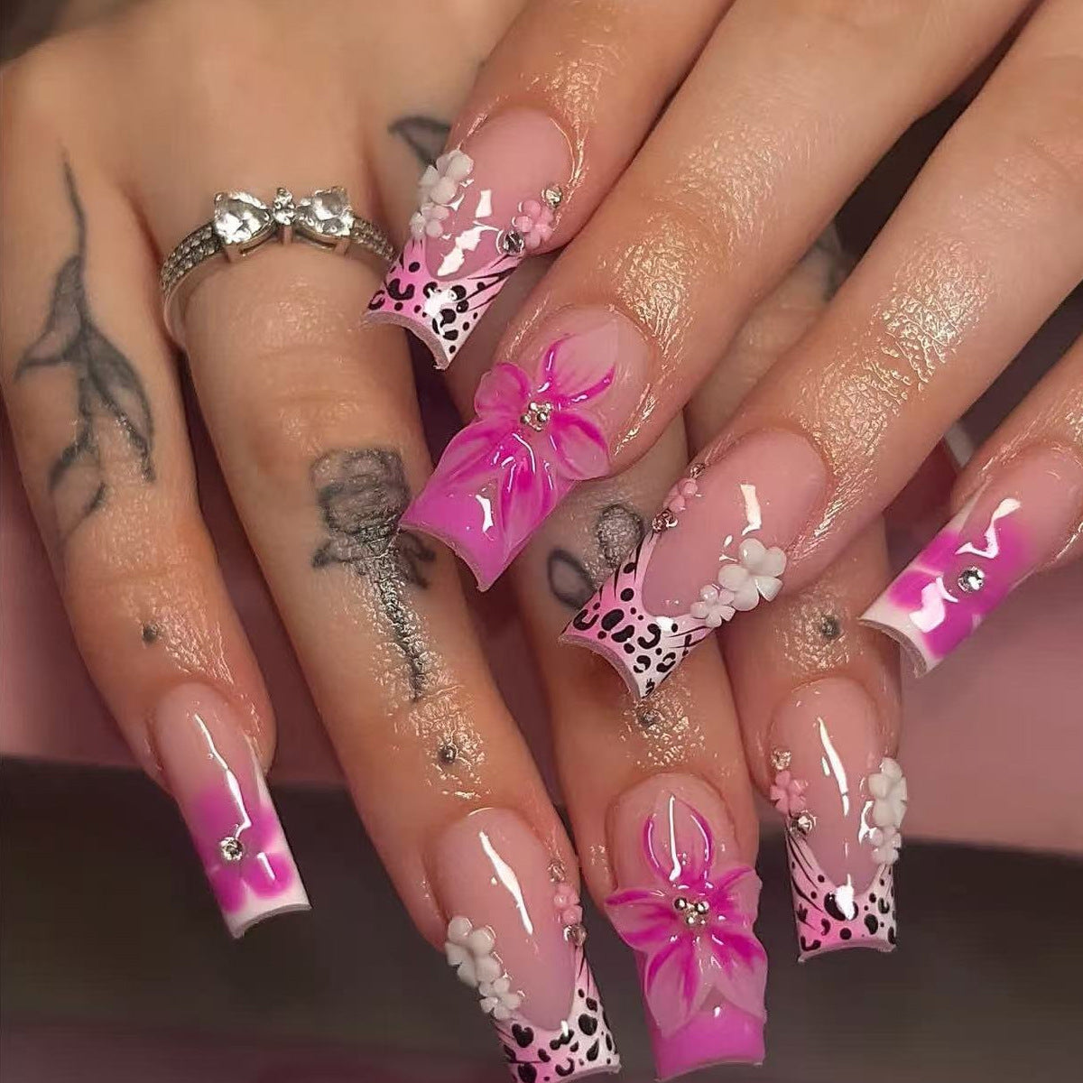 Pink Gradient French Leopard Floral 3D