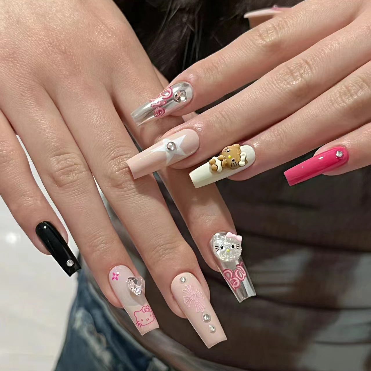 Pink Black Bow Cartoon Charm Press-On Nails