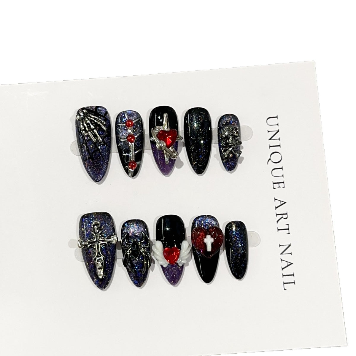 Spider Web Heart Almond Halloween press-on nails — additional styling view
