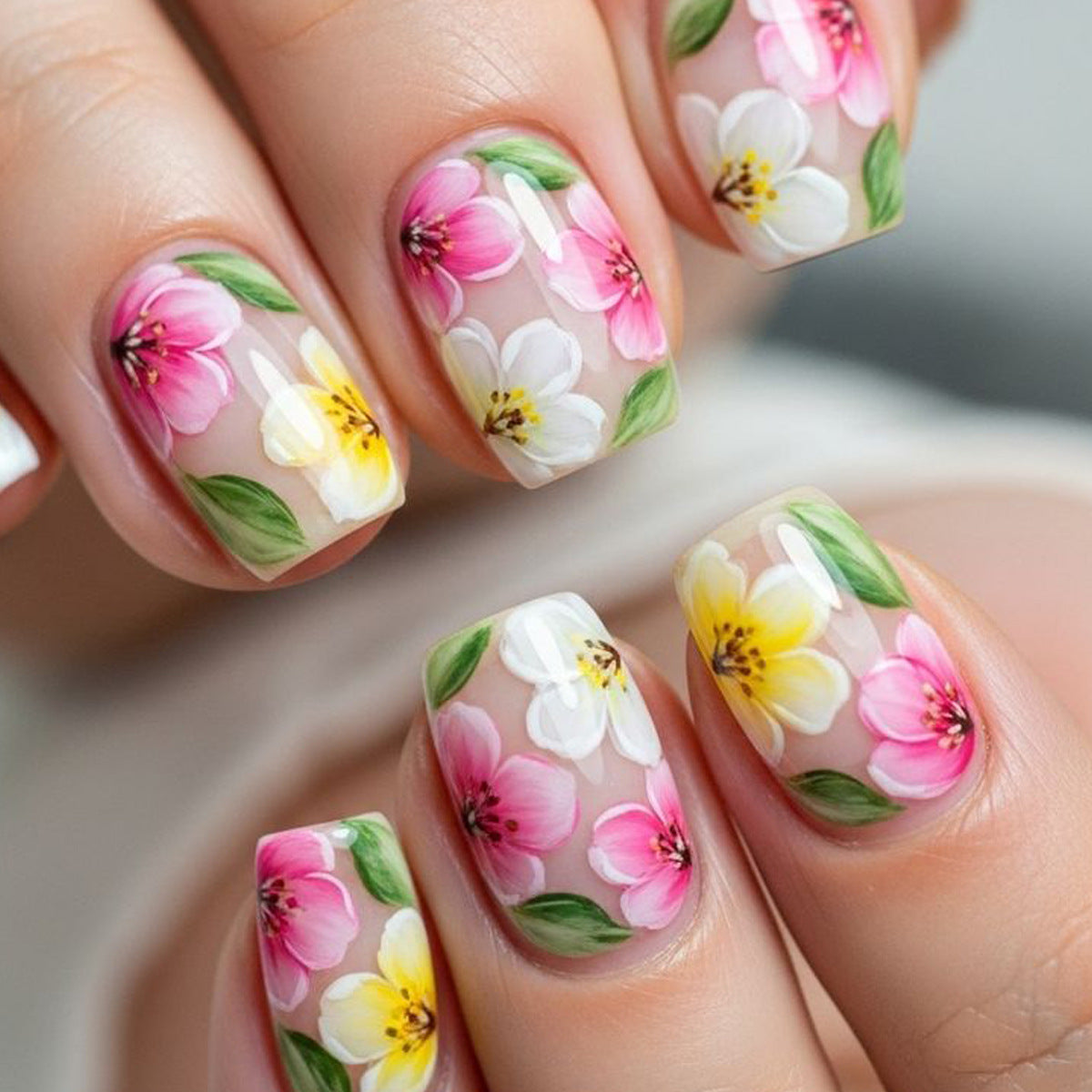 Green Floral Press-On Nails