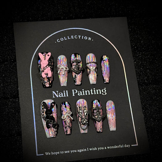 Neon Bunny Long Coffin Holographic press-on nails — worn on hand, close-up