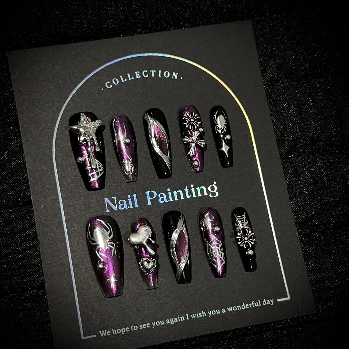Spider Spirit Long Coffin Halloween — packaging with nail file, jelly tabs and glue