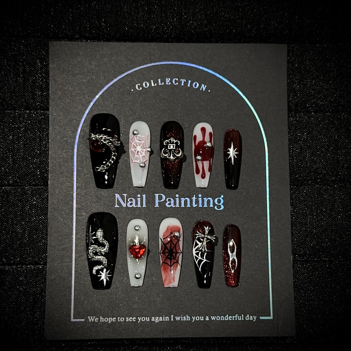 Crimson Night Web Long Coffin Halloween press-on nails — full set in 12 sizes, laid out flat