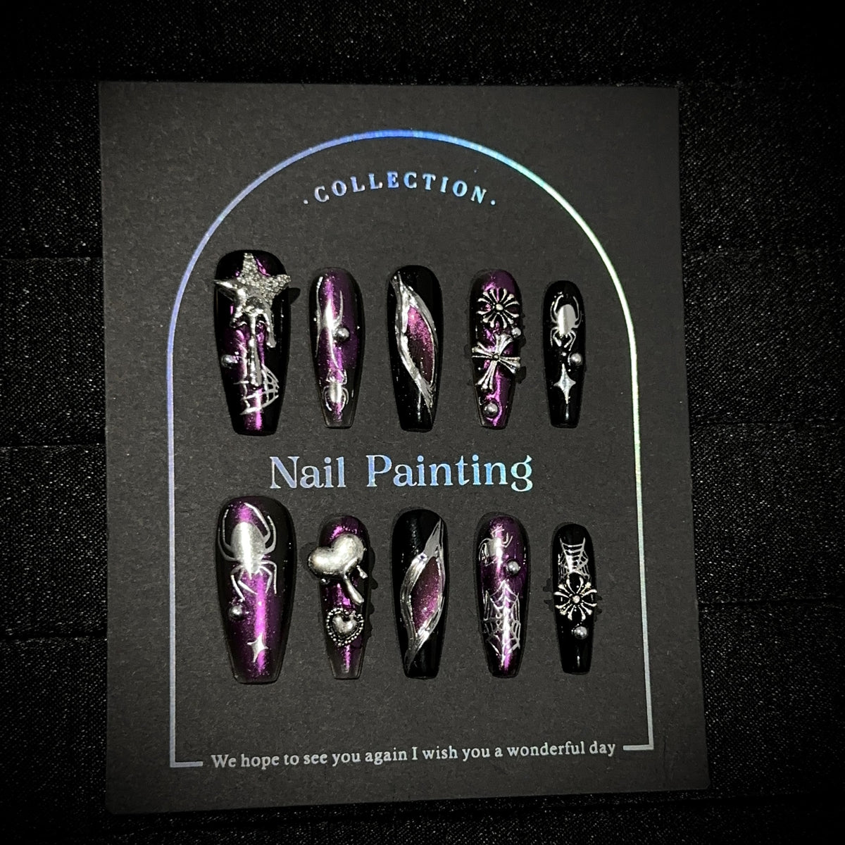 Spider Spirit Long Coffin Halloween press-on nails — full set in 12 sizes, laid out flat