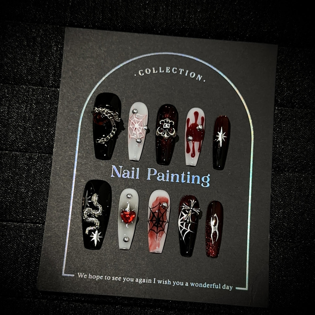 Crimson Night Web Long Coffin Halloween — packaging with nail file, jelly tabs and glue