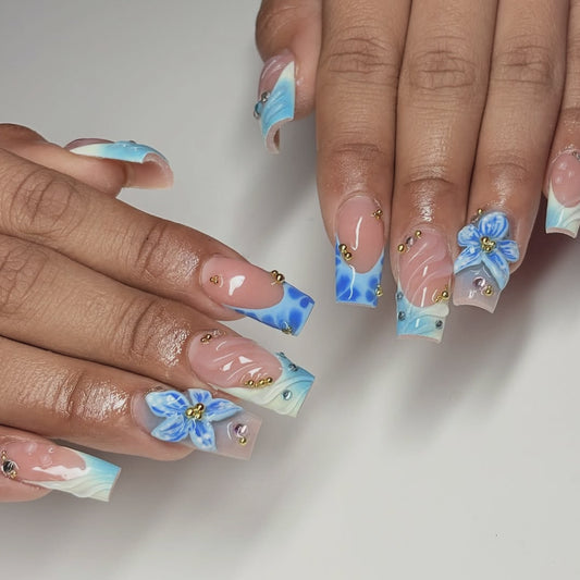 Blue Gradient French Floral 3D Wave