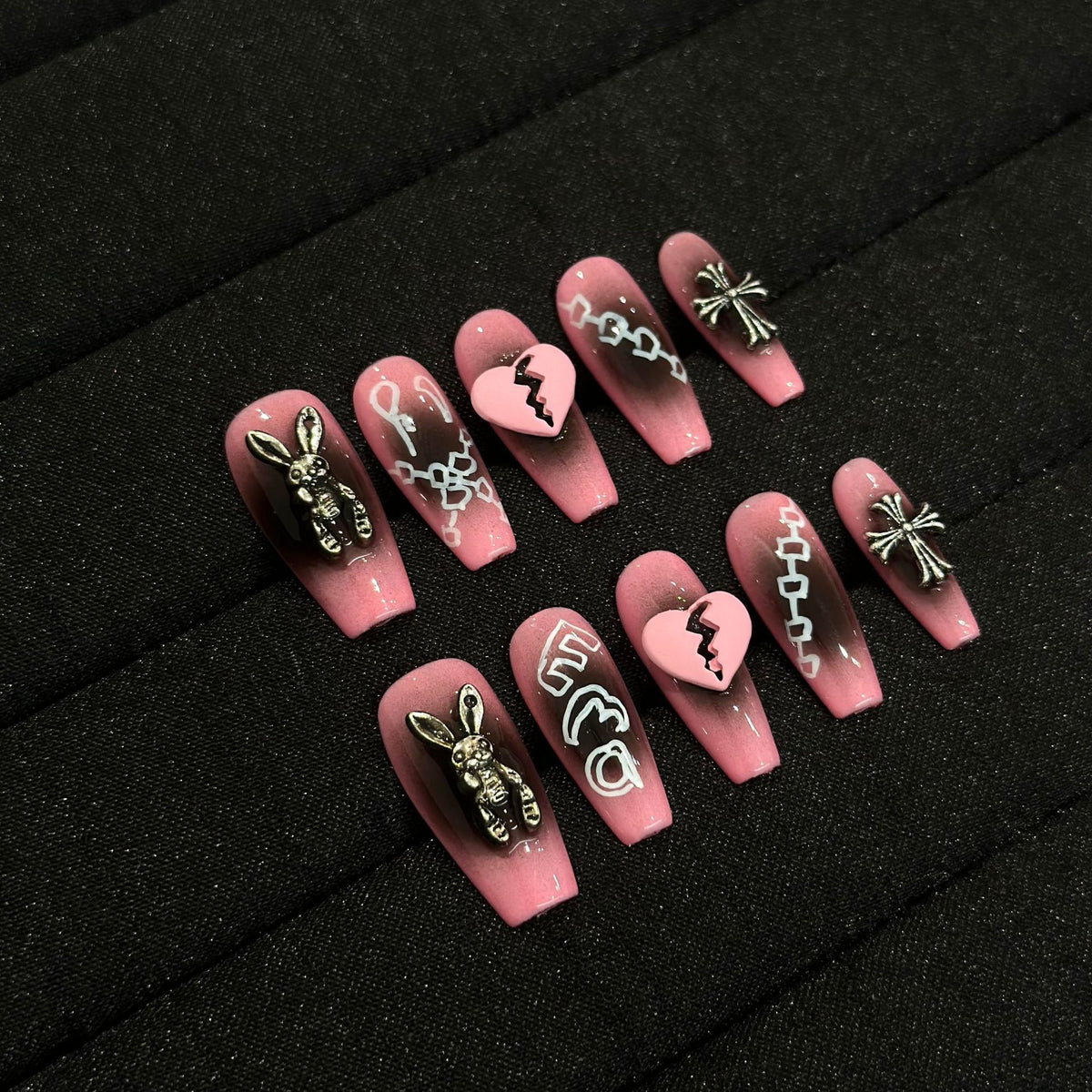 Heartbreak Bunny Medium Coffin press-on nails — full set in 12 sizes, laid out flat