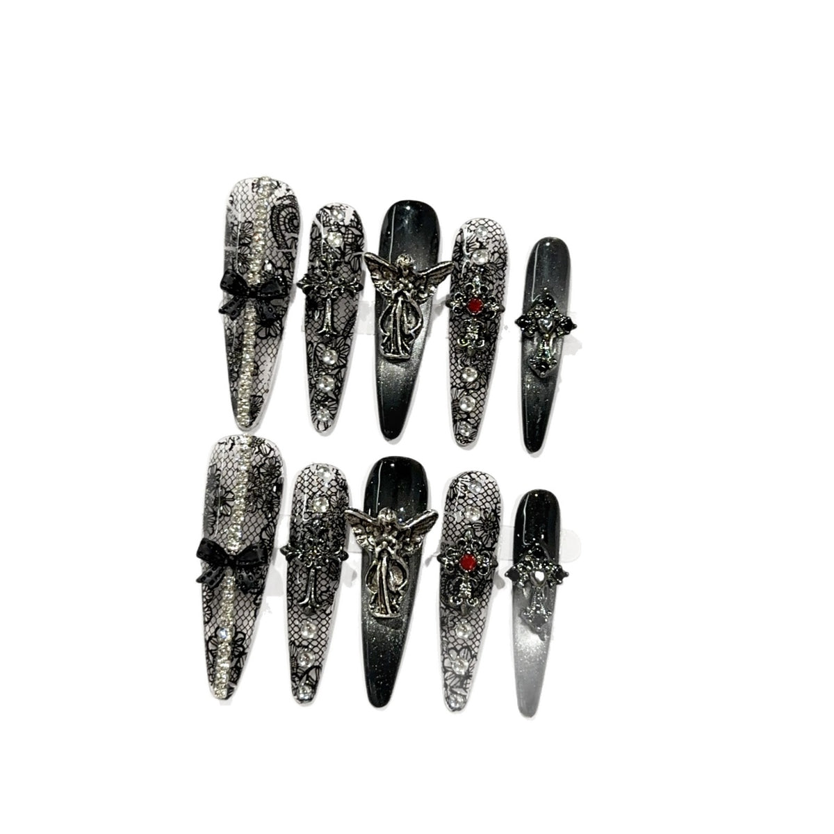 Fallen Angel Long Stiletto Gothic press-on nails — additional styling view