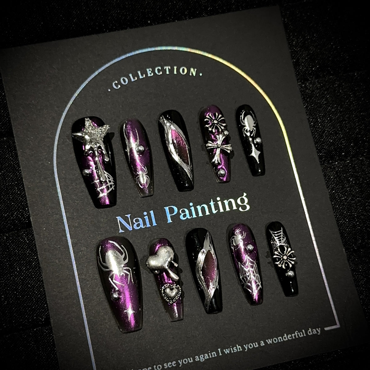 Spider Spirit Long Coffin Halloween press-on nails — worn on hand, close-up