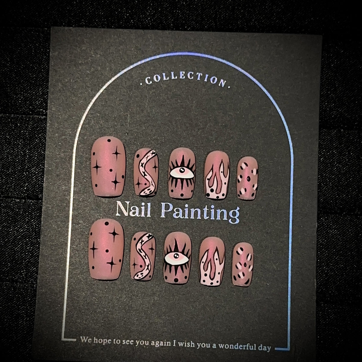 Aurora Pink Snake Medium Square press-on nails — full set in 12 sizes, laid out flat