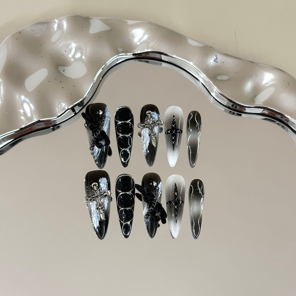 Misty Forest Long Stiletto press-on nails — full set in 12 sizes, laid out flat