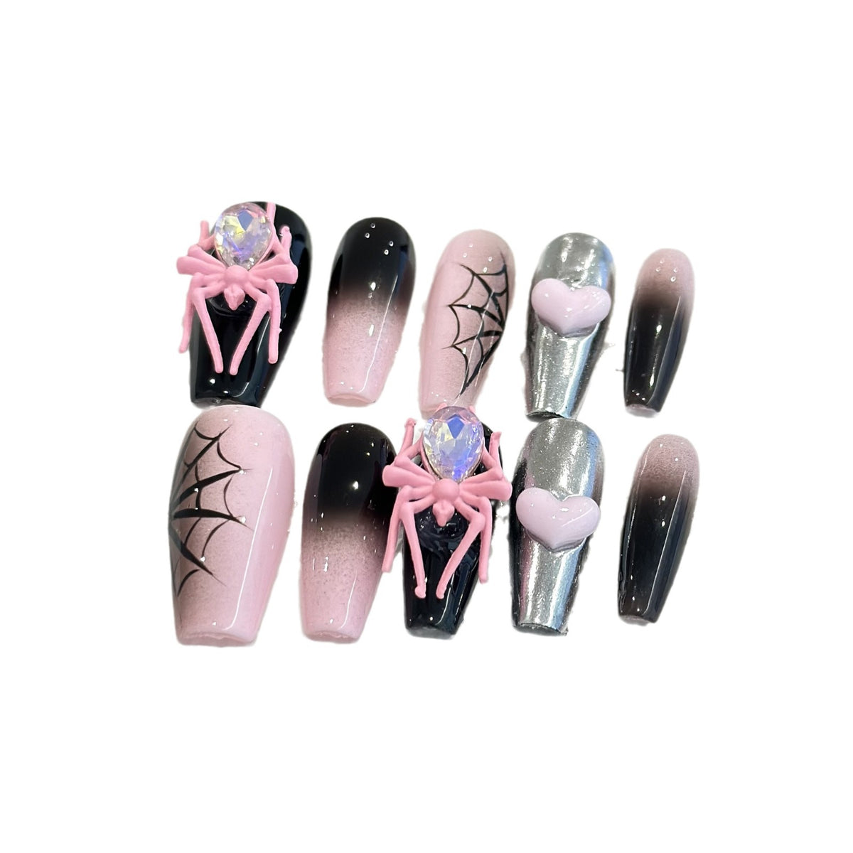 Black & Pink Spider press-on nails — additional styling view
