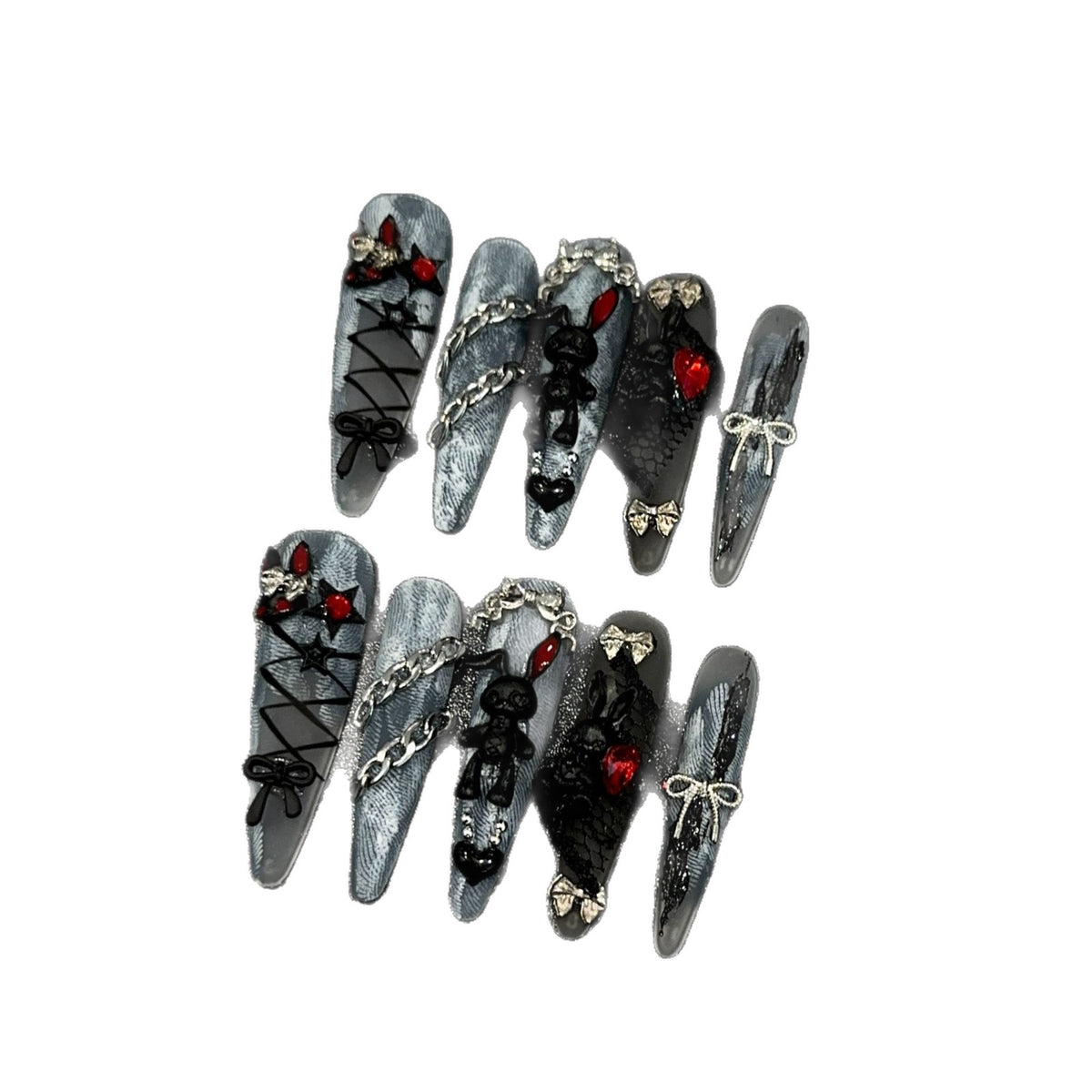 Denim Bunny Long Stiletto press-on nails — additional styling view