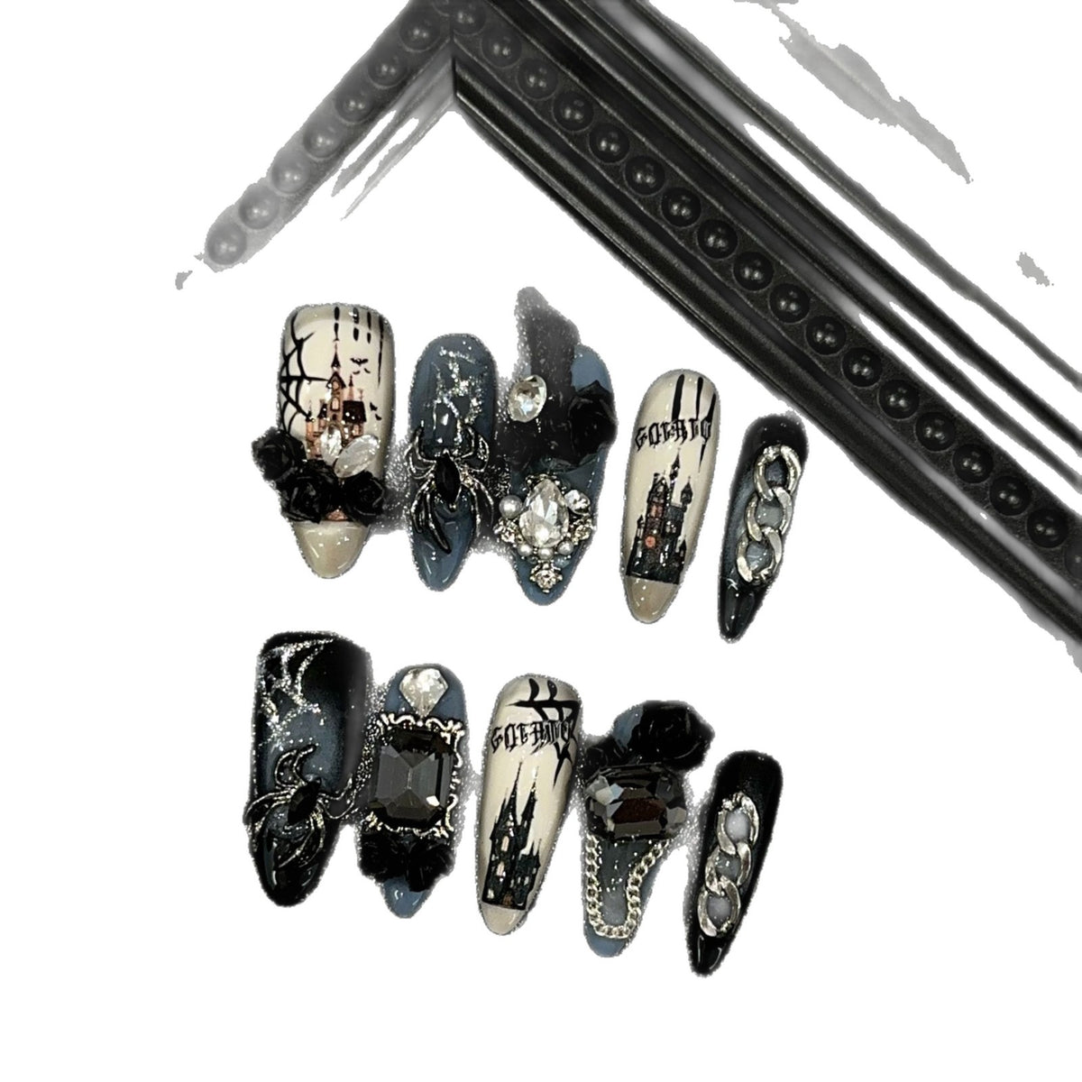 Dark Manor Long Oval Halloween press-on nails — additional styling view