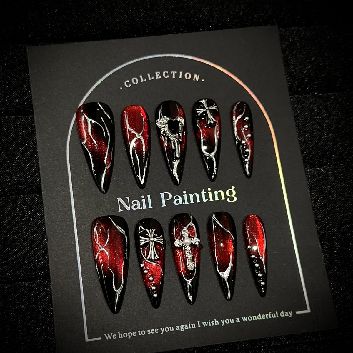 Bloody Heart Long Stiletto Halloween — packaging with nail file, jelly tabs and glue