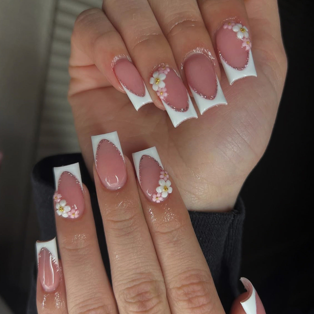 Pink Glitter French Floral