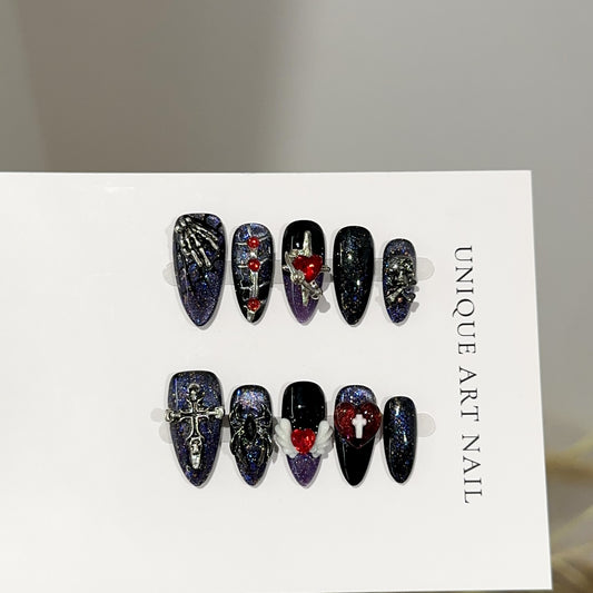 Spider Web Heart Almond Halloween press-on nails — worn on both hands, full look