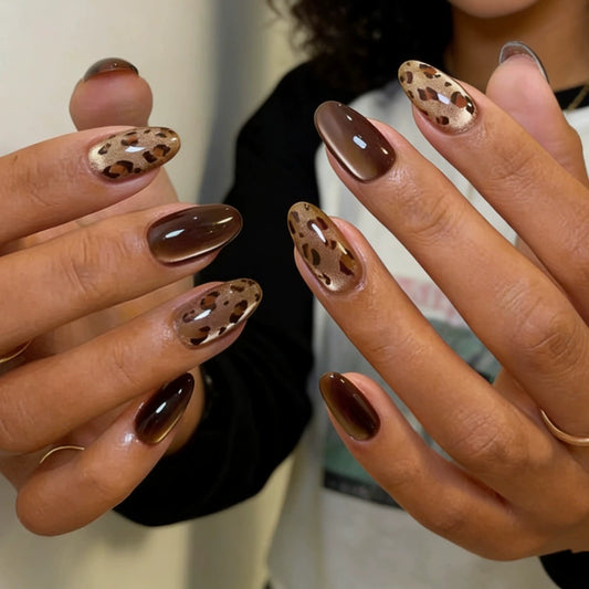 White Cat Eye Leopard Almond Press-On Nails